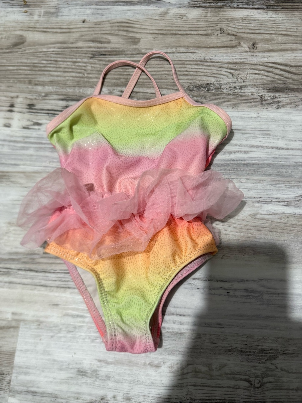 Toddler size 2t  Pastel Pink & Yellow Girls One-Piece Swimsuit with Tulle